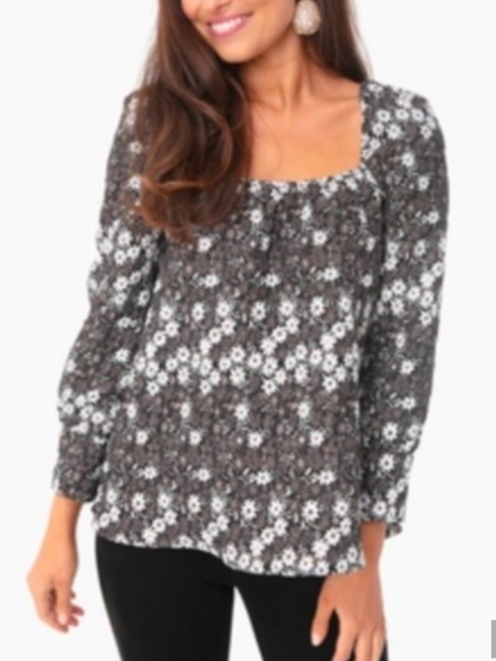 Tuckernuck Floral Jacquard Elsie Square Neck Top Blouse Black White Flowers XL